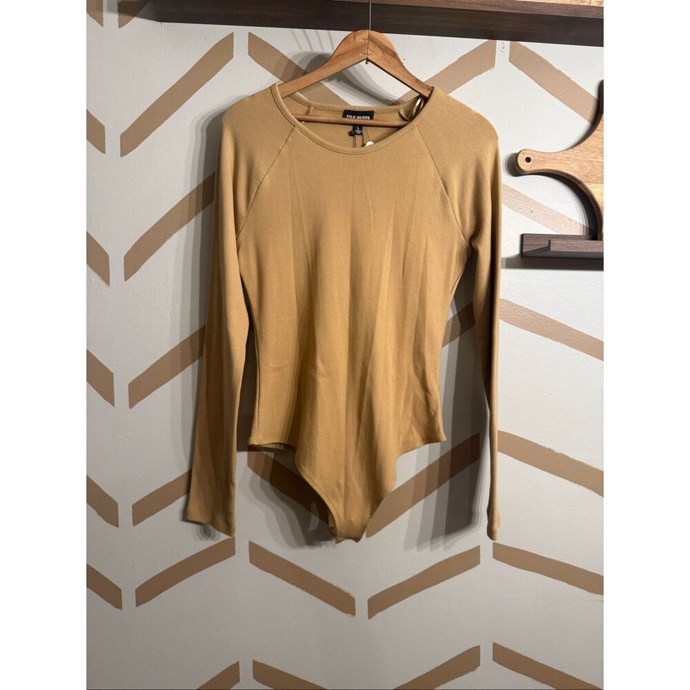 Steve Madden Tan Ribbed Long Sleeve Stretch Thong Bodysuit Size Large NWT